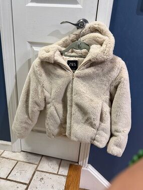Zara Plush Cream Hooded Puffer Jacket for Kids